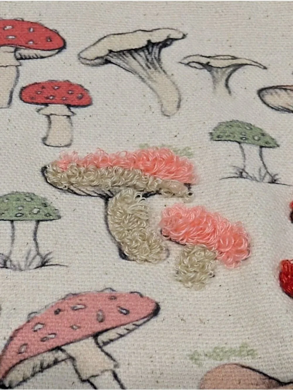 Canvas  Cosmetic Makeup Bag Vintage Botanical Mushroom Print Embroidered Detail